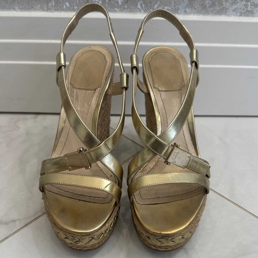 Gold Strappy Wedge Sandals worn